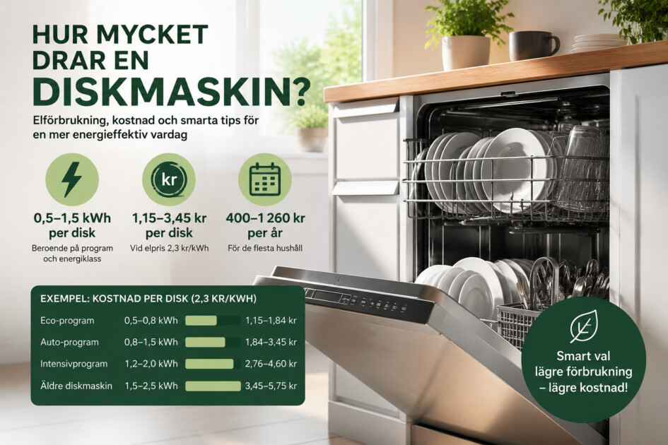 Hur mycket el drar en diskmaskin? Kostnad per disk och år - 2026 Infografik som visar hur mycket el en diskmaskin drar per disk samt uppskattad kostnad för olika diskprogram.